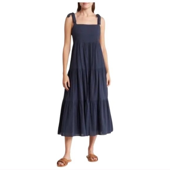Madewell Navy Tie Strap Tiered Midi Dress Large - Picture 1 of 4